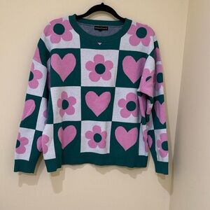 Pink green heart flowers women’s long sleeve |women’s Sweater size XL